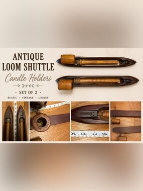 Antique Wooden Loom Shuttle Candle Holders - Set of 2 - Brown
